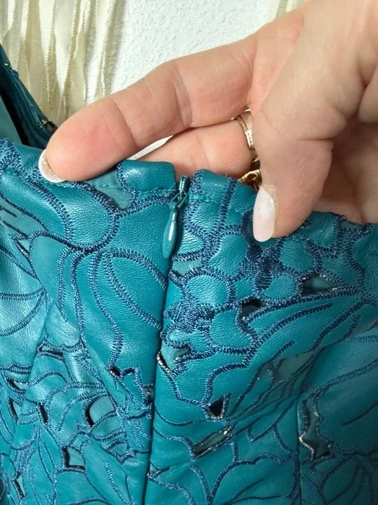 Cult Gaia Raylene Teal Lazer Cut Embroidered Strapless Midi Dress Size US6 - Picture 9 of 12